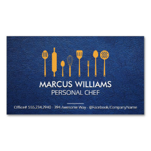 Carte De Visite Magnétique Ustensiles de restaurant   Chef   Cuir bleu
