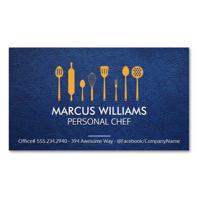 Carte De Visite Magnétique Ustensiles de restaurant | Chef | Cuir bleu (devant)