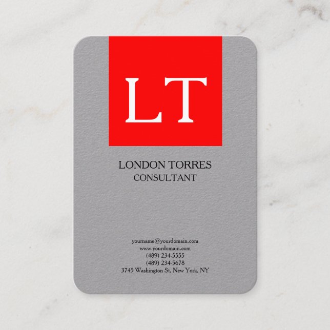 Carte De Visite Magnifique Monogramme Gris Rouge Blanc Plat (Devant)