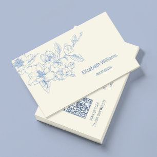 Carte De Visite Magnolia Crème Bleu Floral Moderne   Code QR