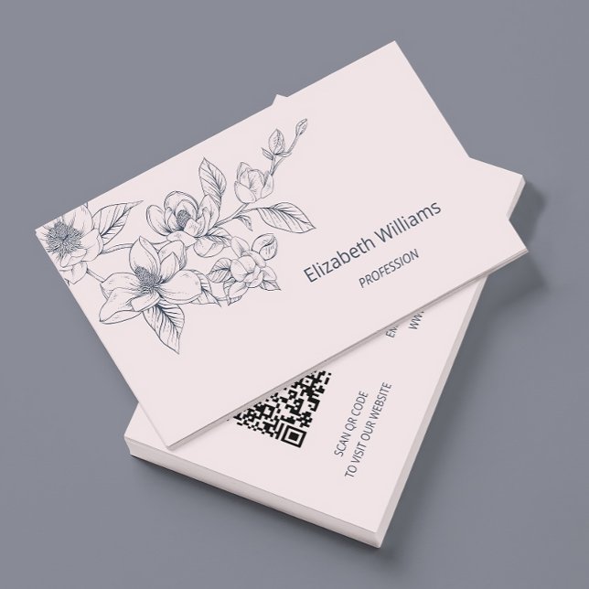 Carte De Visite Magnolia rose poudré moderne | Code QR (Créateur téléchargé)