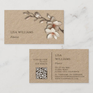 Carte De Visite Magnolia rustique 3D en ivoire Code QR