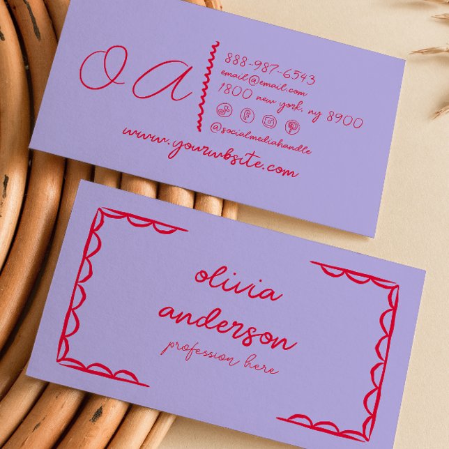 Carte De Visite Main rouge violet rétro Écrite Tiré Fille Quirky (Créateur téléchargé)