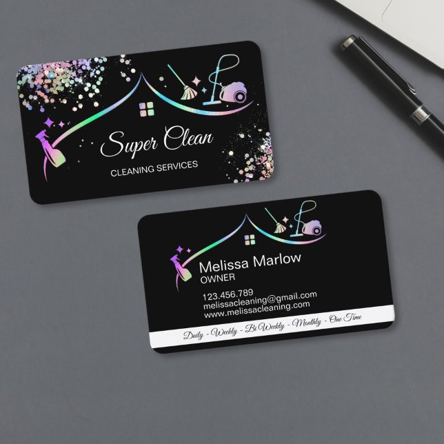 Carte De Visite Maison de nettoyage domestique Holographique Spark (wavy holographic house roof with cleaning tools and sparkles)