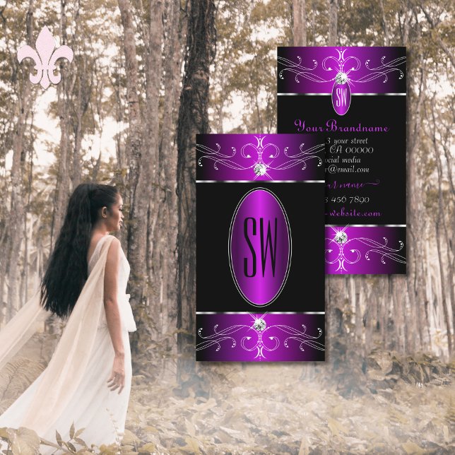 Carte De Visite Majestic violet ornat noir ornemental Initiales (Créateur téléchargé)