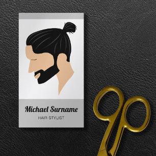 Carte De Visite Man With Man Bun & Beard Illustration Hair Stylist