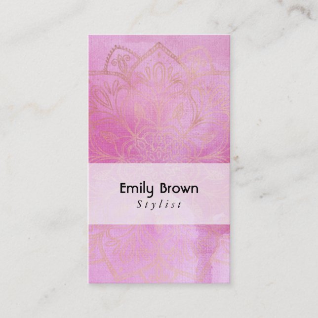 Carte De Visite Mandala d'or sur l'aquarelle rose profonde texturé (Devant)