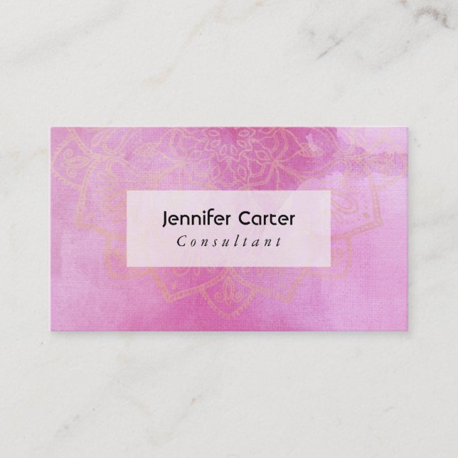 Carte De Visite Mandala d'or sur l'aquarelle rose profonde texturé (Devant)