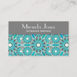 Carte De Visite Mandala motif, turquoise, gris argenté et blanc