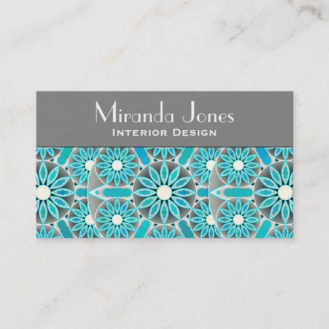 Carte De Visite Mandala motif, turquoise, gris argenté et blanc (Devant)