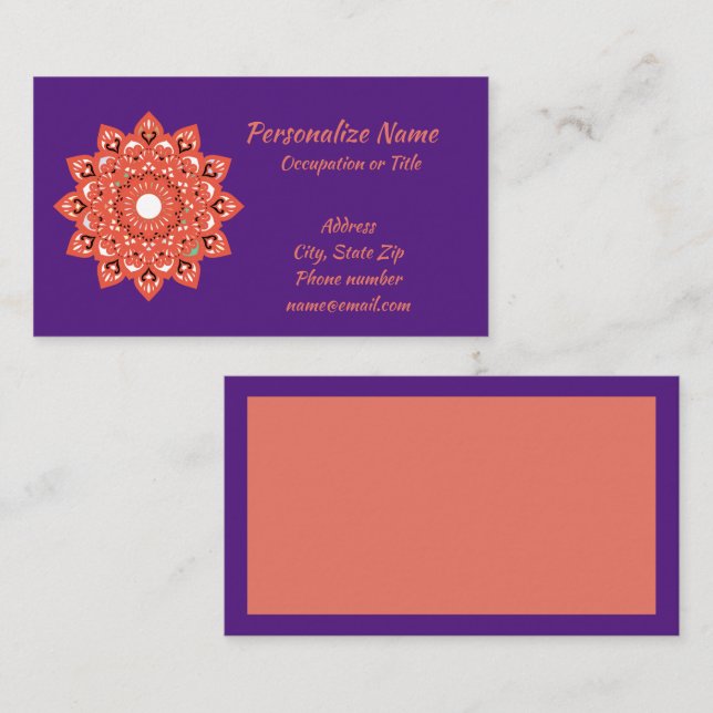 Carte De Visite Mandala Zen Yoga Méditation Purple Rose Namaste (Devant / Derrière)