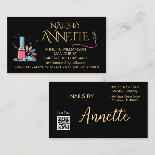 Carte De Visite Manicuriste Nail Technicien Noir Gold Nom (Devant / Derrière)