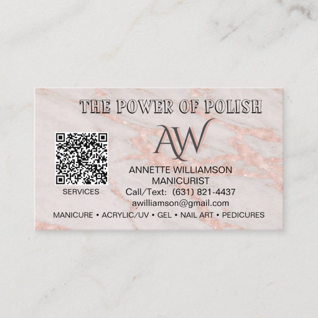 Carte De Visite Manicuriste Nail Technicien Rose Blush Marbre (Devant)