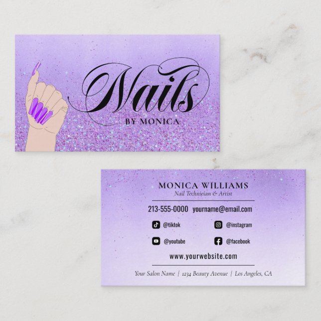 Carte De Visite Manucure à ongles Tech Purple Glam Parties scintil (Devant / Derrière)