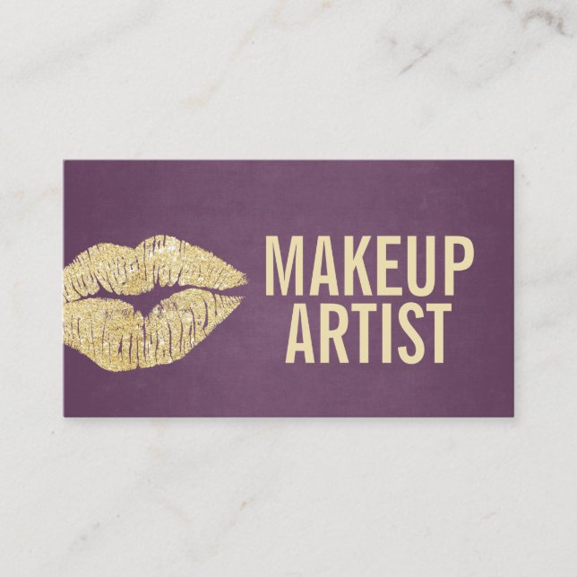 Carte De Visite Maquillage Artiste Chic Gold Lips Élégant violet (Devant)