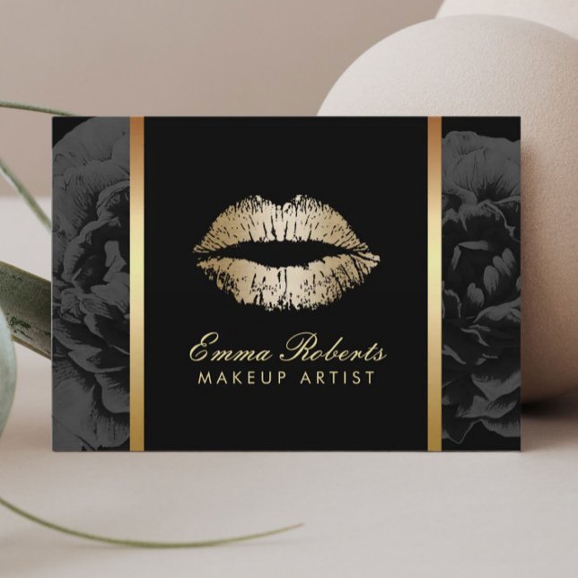 Carte De Visite Maquillage Artiste Gold Lips Moderne Dark Floral S (Créateur téléchargé)