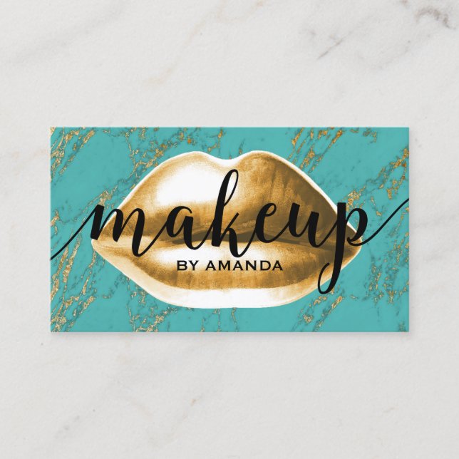 Carte De Visite Maquillage Artiste Gold Lips Moderne Marbre Turquo (Devant)