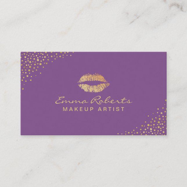 Carte De Visite Maquillage Artiste Gold Lips Salon Moderne violet (Devant)