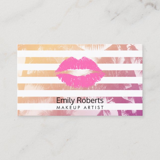 Carte De Visite Maquillage Artiste Lèvres roses Trendy Stripes Tro (Devant)