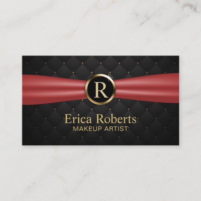 Carte De Visite Maquillage Artiste Or Monogramme Rouge Ruban Luxe (Devant)