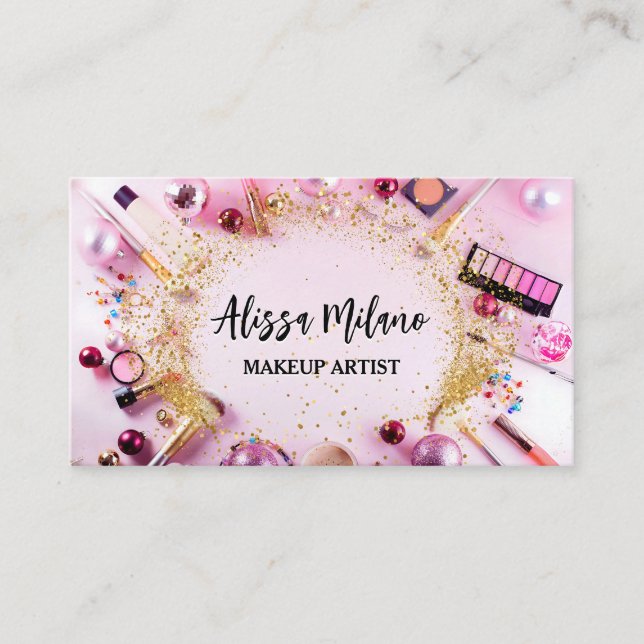 Carte De Visite Maquillage artiste or rose QR code Social Media (Devant)