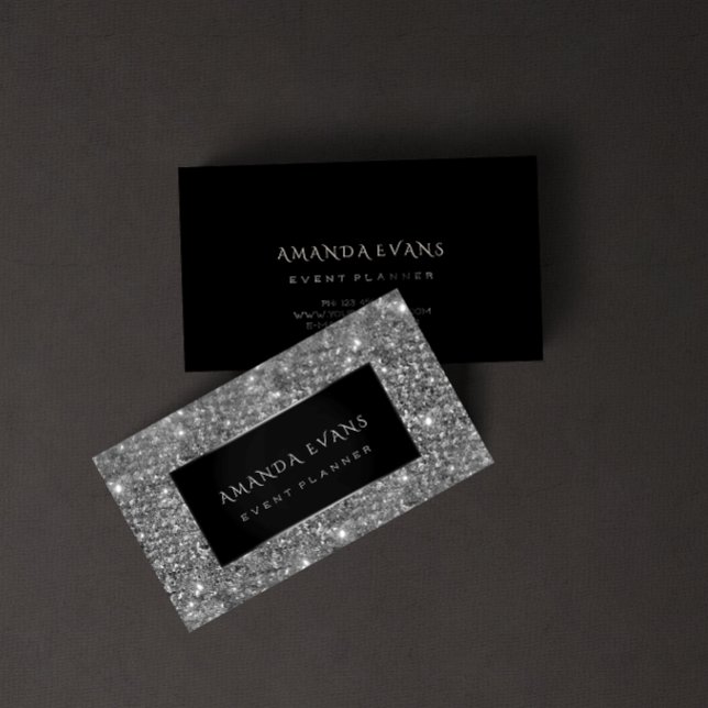 Carte De Visite Maquillage Artiste Organisateur d'événements Black (Makeup Artist Event Planner Black Silver Glitter Business Card)