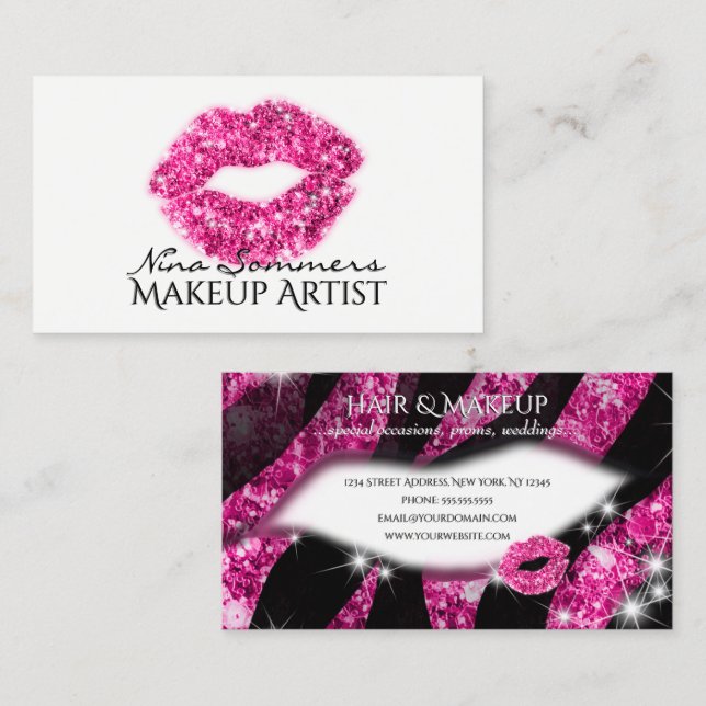 Carte De Visite Maquillage Artiste Parties scintillant rose chaud  (Devant / Derrière)
