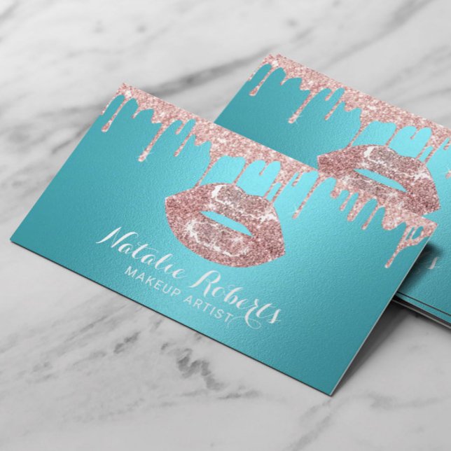 Carte De Visite Maquillage Artiste Rose Gold Drips Turquoise Salon (Créateur téléchargé)