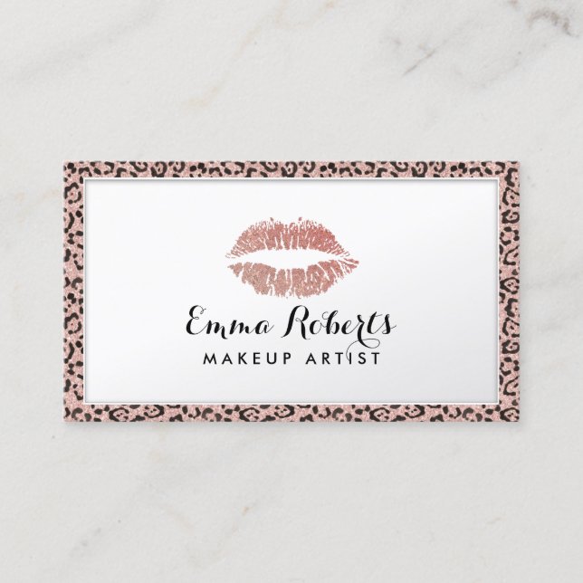 Carte De Visite Maquillage Artiste Rose Gold LIps Bordure Leopard (Devant)