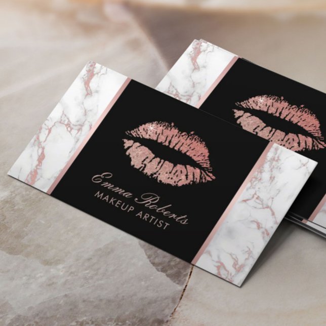 Carte De Visite Maquillage Artiste Rose Gold Lips Marbre tendance (Créateur téléchargé)