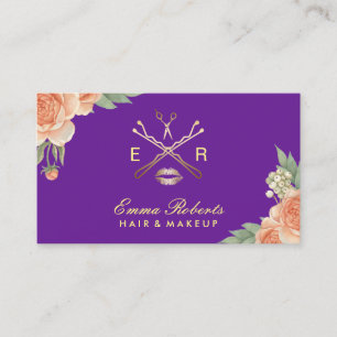 Carte De Visite Maquillage Artiste Salon de cheveux violet & or Fl