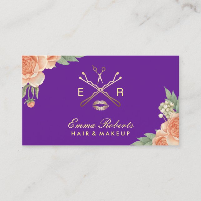 Carte De Visite Maquillage Artiste Salon de cheveux violet & or Fl (Devant)