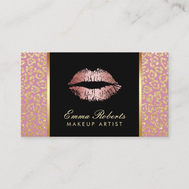 Carte De Visite Maquillage Artiste Salon Rose Lips d'or Leopard mo (Devant)