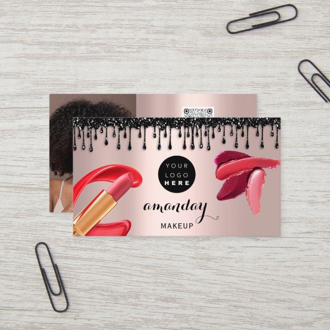 Carte De Visite Maquillage Cheveux Rouge Lipstick Silver Photo QRC (Devant/Arrière en situation)