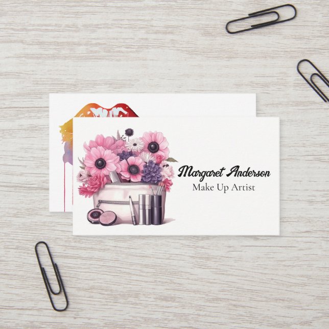 Carte De Visite Maquillage Cosmétique Brosses et Fleurs (Devant/Arrière en situation)