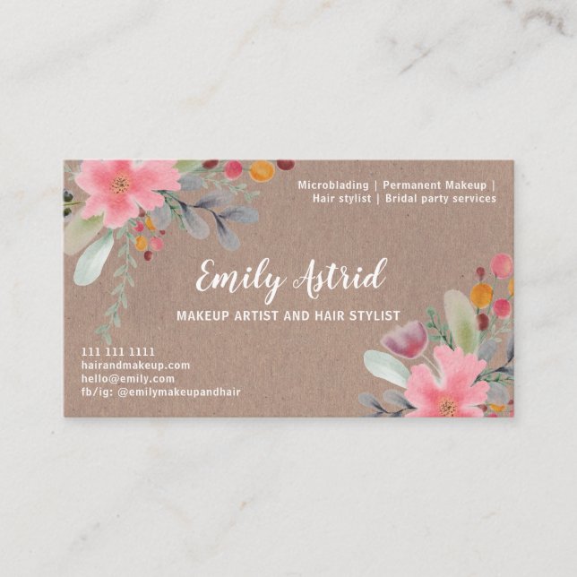 Carte De Visite Maquillage d'aquarelle florale cheveux kraft typog (Devant)