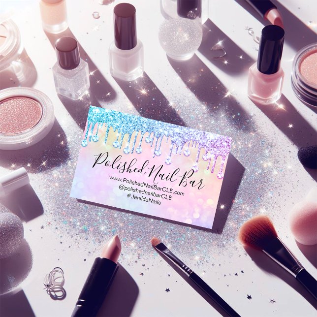 Carte De Visite Maquillage d'artiste ongles rose Holographe Diamon (Nail Artist Makeup Pink Holograph Diamond Drip Business Card)