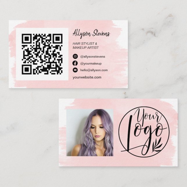 Carte De Visite Maquillage de cheveux rose brosse photo qr code lo (Devant / Derrière)