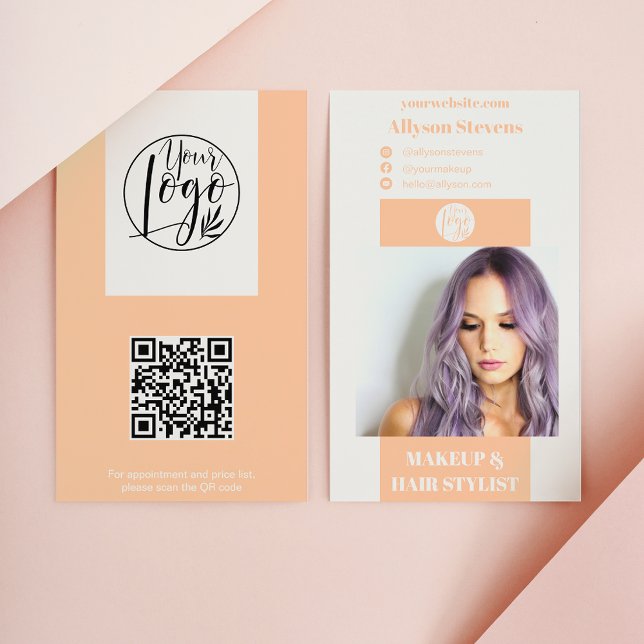 Carte De Visite Maquillage de pêche moderne cheveux photo qr code  (Modern peach makeup hair photo qr code logo business card)