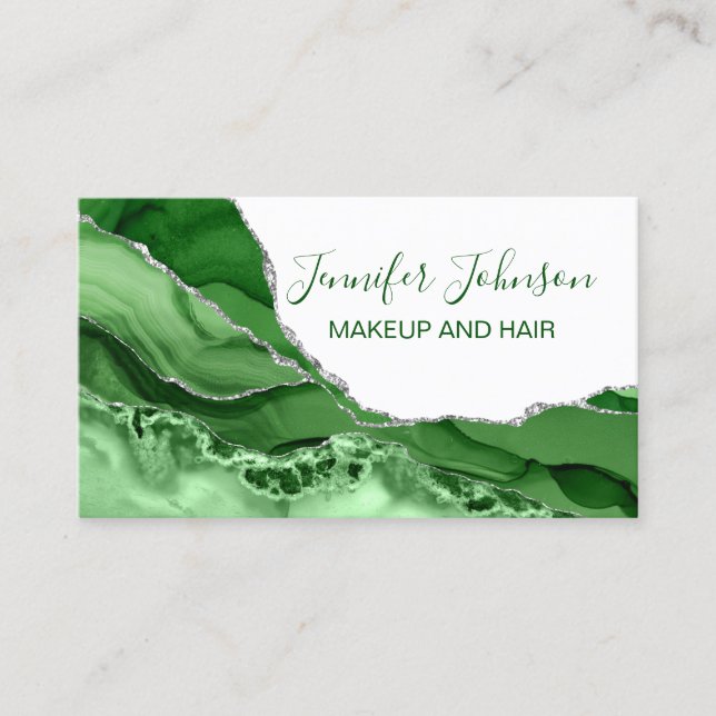 Carte De Visite Maquillage élégant typographie vert et argent agne (Devant)