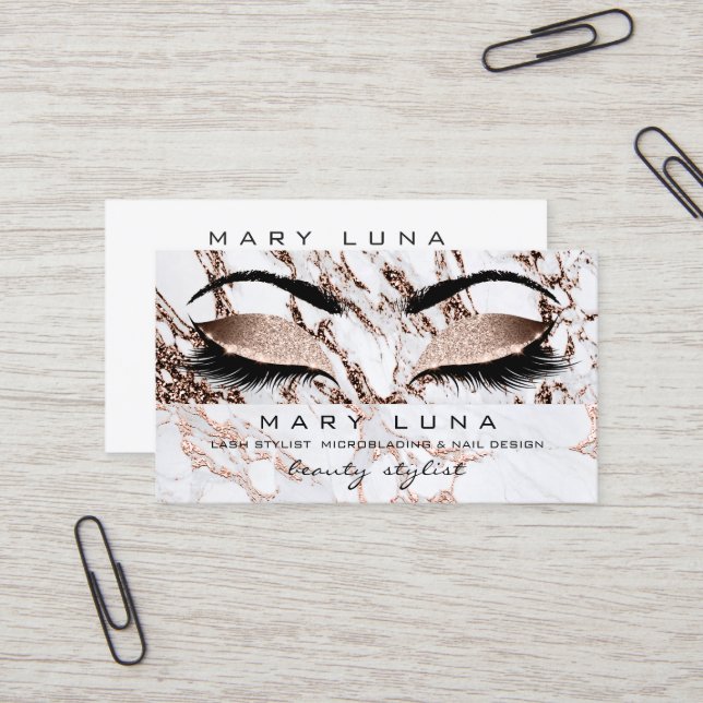 Carte De Visite Maquillage Eyebros Lashes Rose Or Marbre Molten (Devant/Arrière en situation)