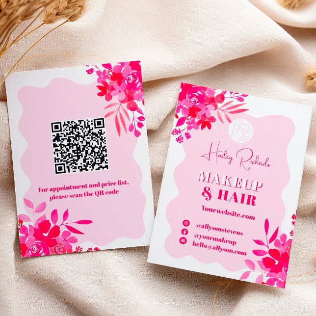 Carte De Visite Maquillage floral rose-chaud (Hot pink wavy frame red pink floral makeup business card)