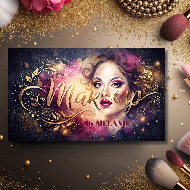 Carte De Visite maquillage girly chic Artiste rose moderne Or Scri (Créateur téléchargé)