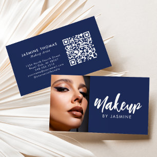 Carte De Visite Maquillage photo code QR écriture blanche bleu mar