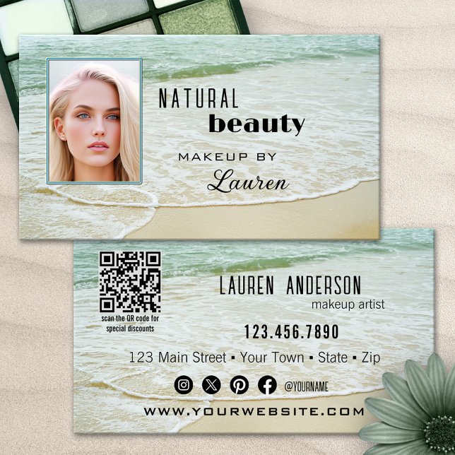 Carte De Visite Maquillage professionnel beauté plage QR Code (Business card featuring an image of a beach with your custom photo, QR code and social media)