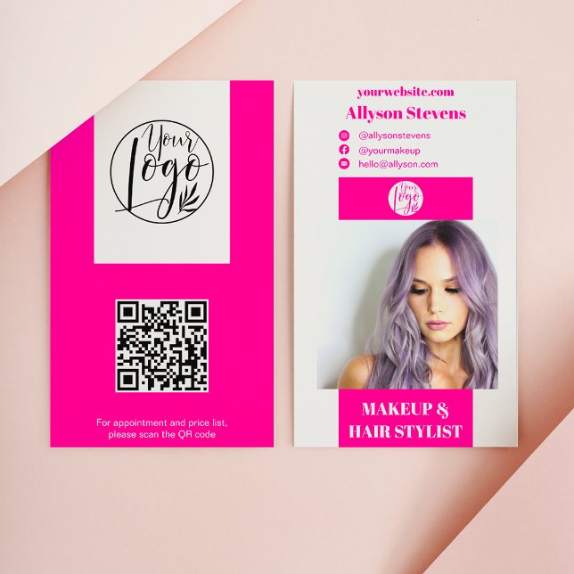 Carte De Visite Maquillage rose néon moderne cheveux photo qr code (Modern neon pink makeup hair photo qr code logo business card)