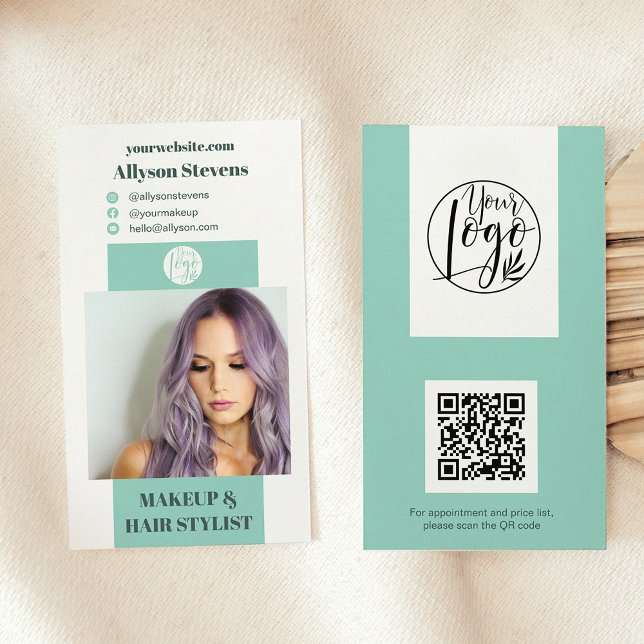 Carte De Visite Maquillage turquoise moderne photo qr code logo (Modern turquoise makeup hair photo qr code logo business card)