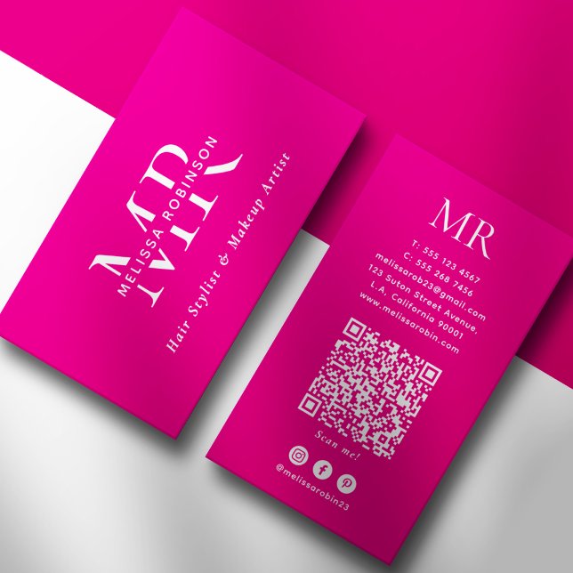Carte De Visite Maquilleuse Rose Chaud Monogramme Blanc & Code QR (Créateur téléchargé)