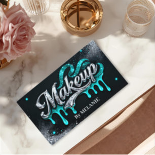 Carte De Visite Maquilleuse Teal Silver Drips Tendance Paillettes