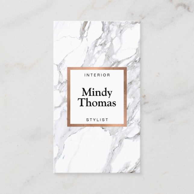 Carte De Visite Marbre blanc moderne Faux Rose Gold Frame (Devant)